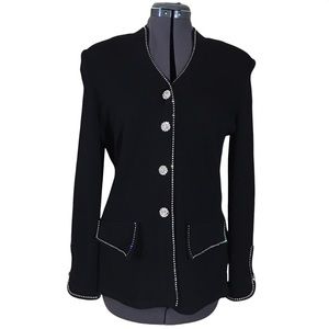Vintage Black Knit Sweater Jacket with Rhinestone Accents and Jewel Buttons